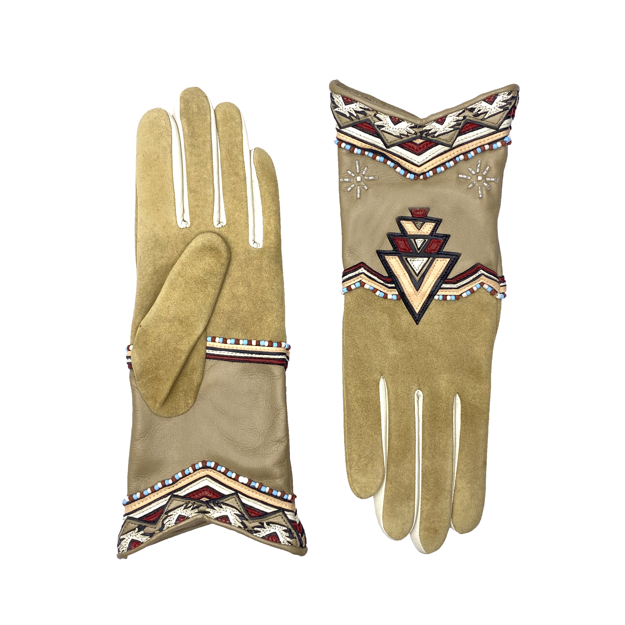 AGNELLE Catori Natural Leather Gloves with Beaded Southwest Motif