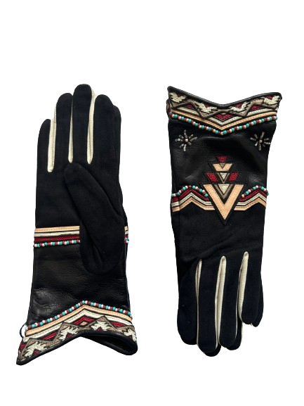 AGNELLE Catori Black Leather Gloves with Beaded Southwest Motif