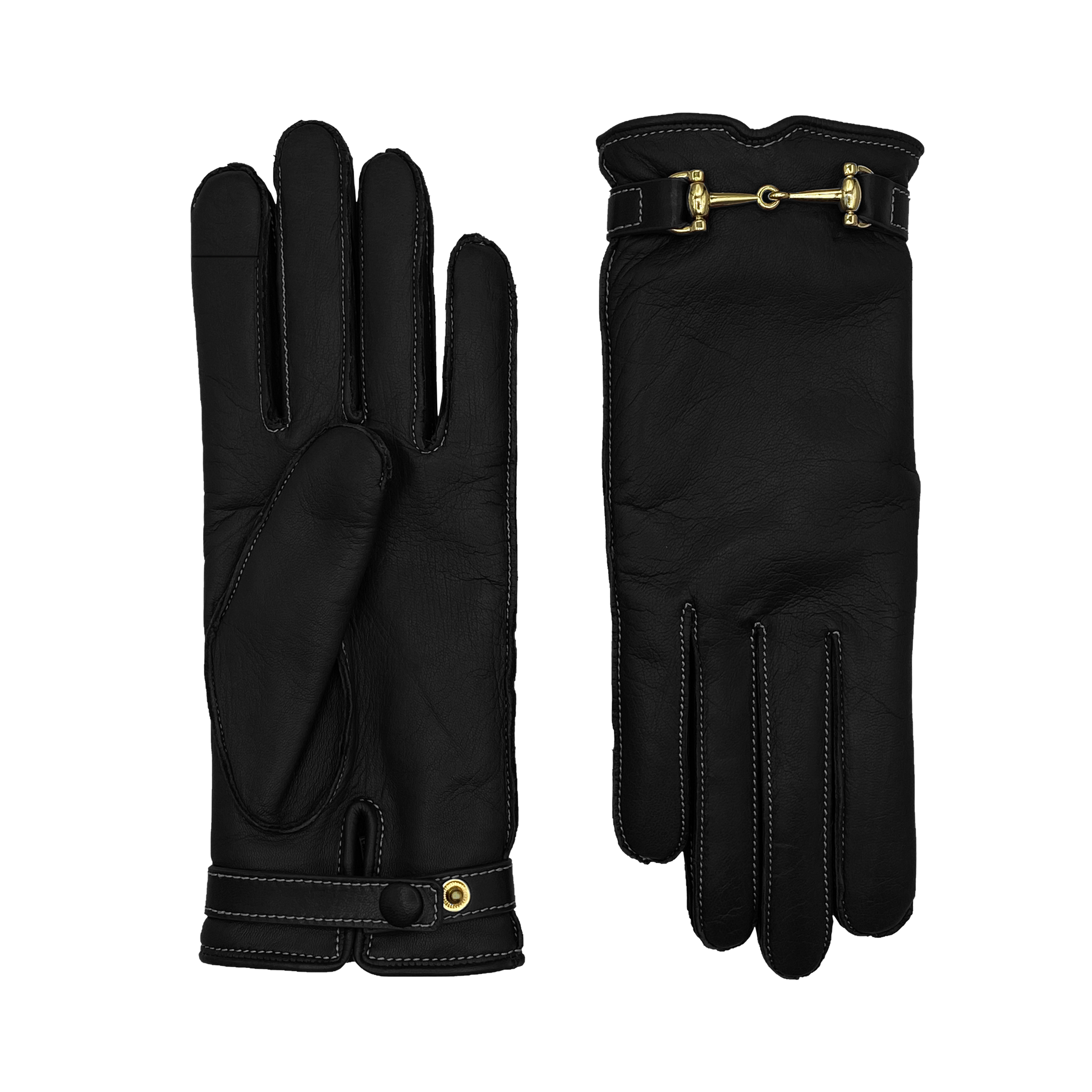 AGNELLE Greco Black Lambskin Glove Lined in Cashmere with Equestrian Details