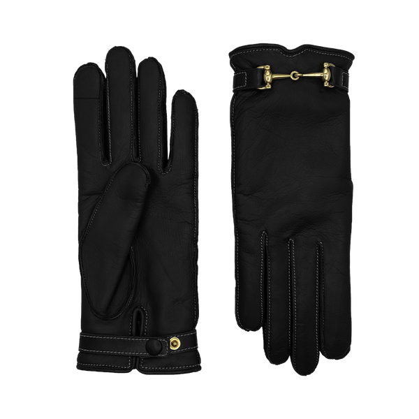 AGNELLE Greco Black Lambskin Glove Lined in Cashmere with Equestrian Details