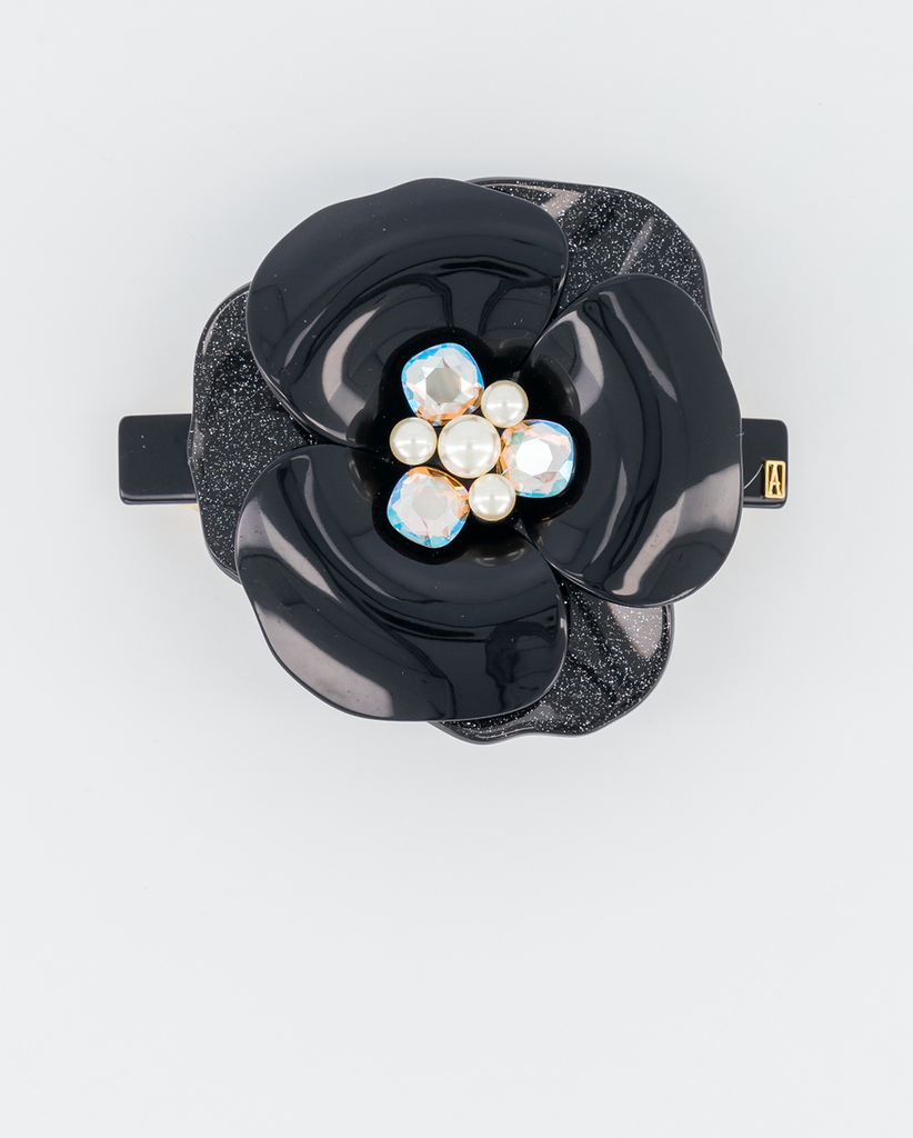 Alexandre de Paris ballpoint blue flower camelia crystal barrette denim outlets hair slide clip acetate pin