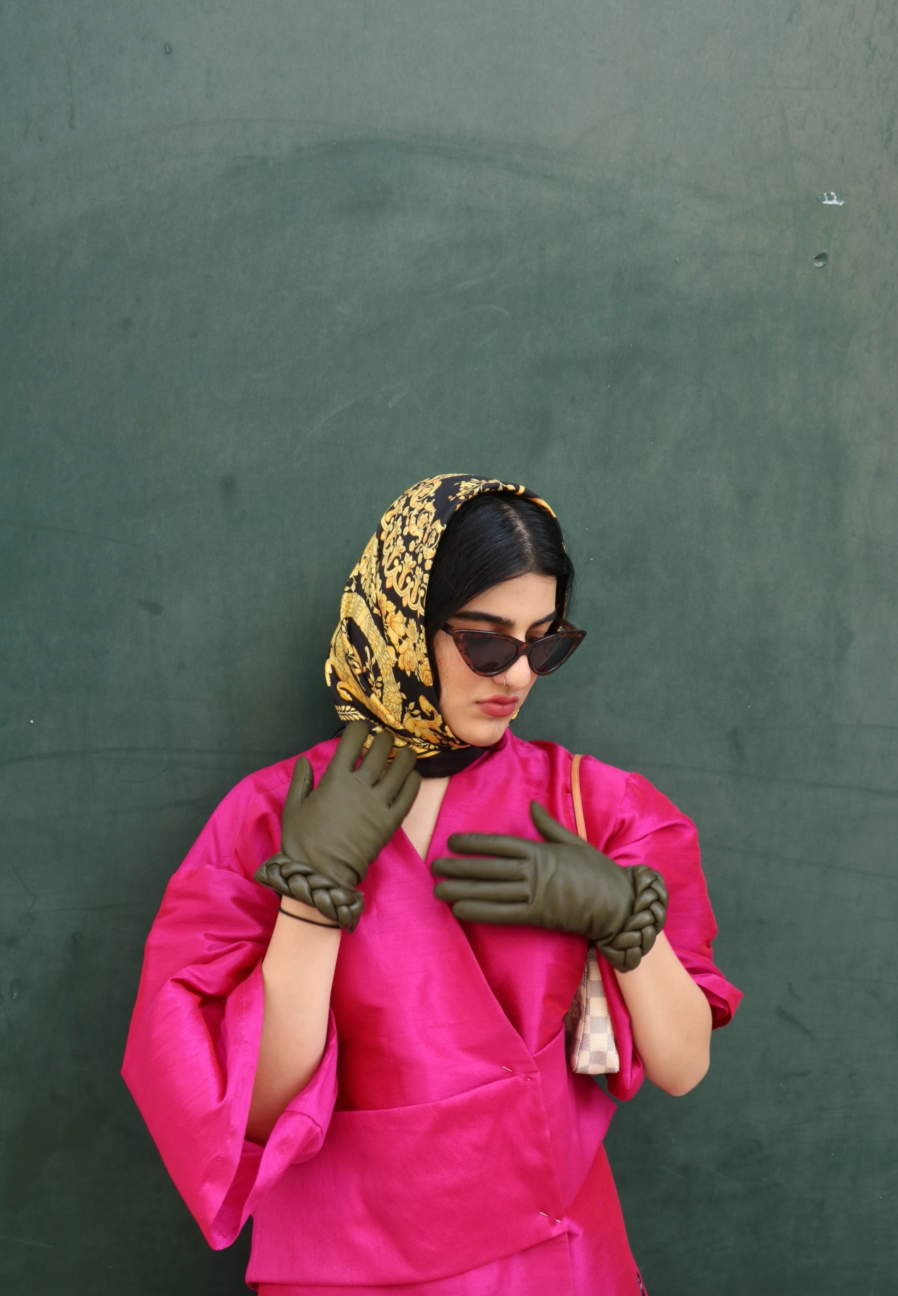 AGNELLE New Edith Kaki Lambskin Glove Lined in Silk with Braided Cuff