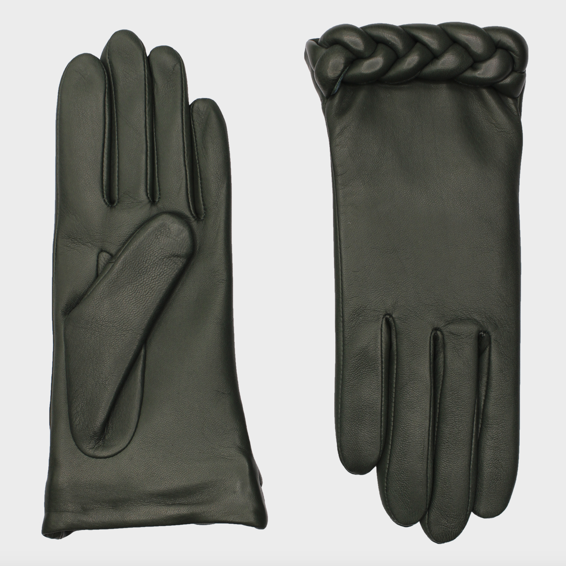 AGNELLE New Edith Kaki Lambskin Glove Lined in Silk with Braided Cuff