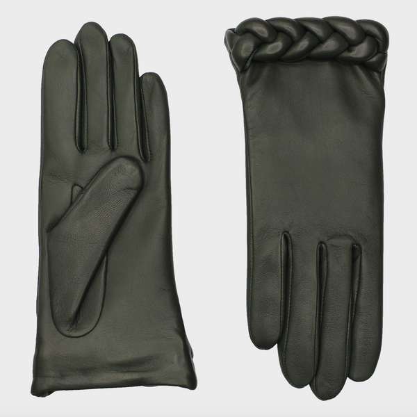 AGNELLE New Edith Kaki Lambskin Glove Lined in Silk with Braided Cuff