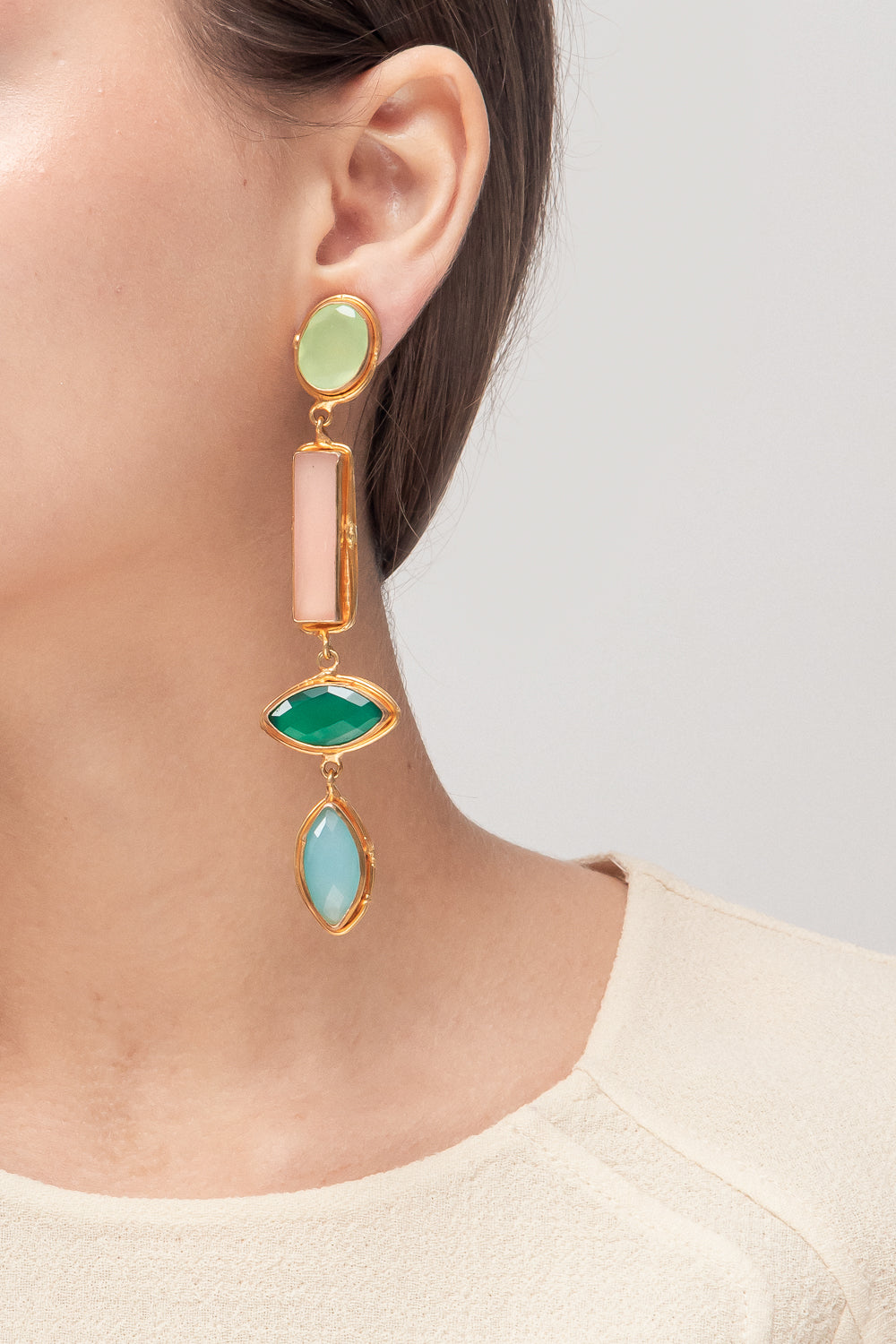 SYLVIA TOLEDANO Cascade earrings with Green pale onyx/Pink quartz/Green onyx/Calcedoine