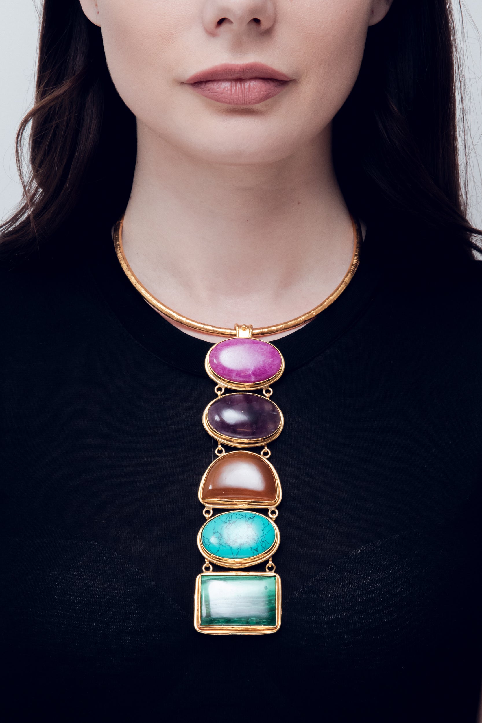 SYLVIA TOLEDANO Torque gold necklace with Dyed Rubis/Amethyst/Lemon Quartz/Turquoise/Malachite stones